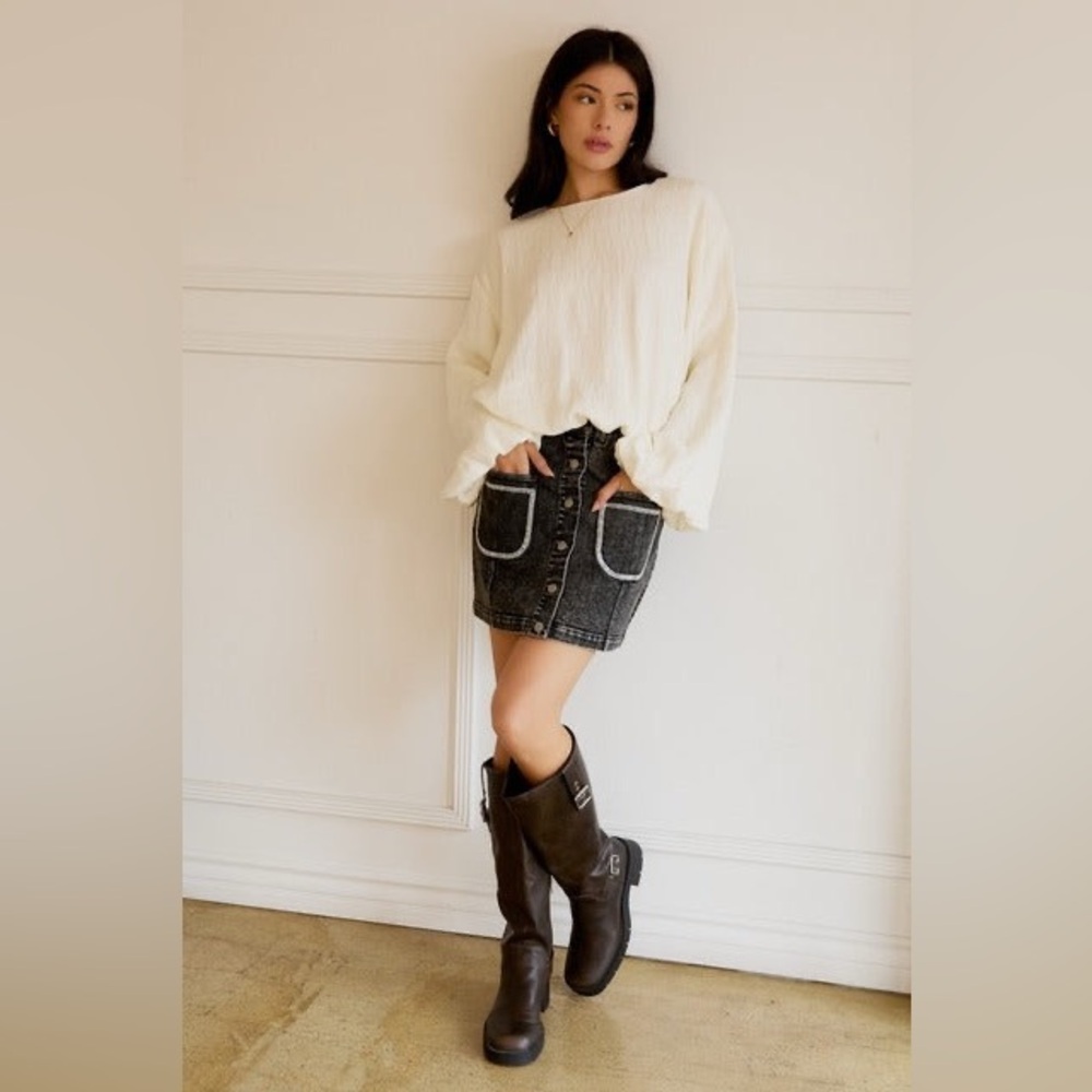 Button Up Contrast Stitch Denim Mini Skirt with Patch Pockets - Sunday Edition